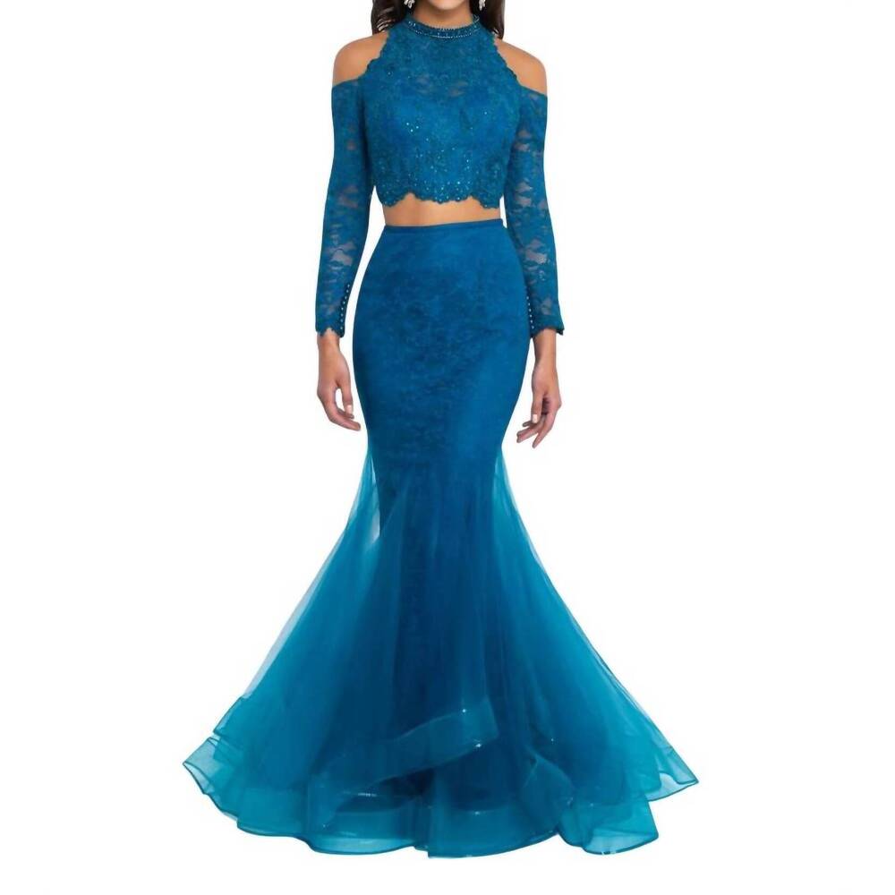 NEW BLUSH PROM tulle lace cold shoulder two piece gown in teal blue